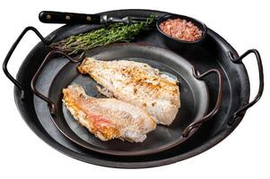 Roasted ocean red perch fillet with olive oil, thyme and spices. Isolated on white background. Top view. photo
