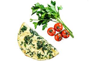 Egg omelet with spinach, Isolated on white background. Top view. photo