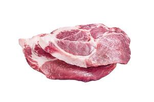 Fresh pork tender steaks from raw neck meat on butcher meat cleaver with salt and thyme. Isolated on white background. photo