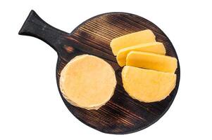 Halloumi sliced cheese Isolated on white background, top view. photo