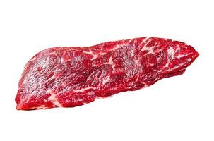 Raw denver beef meat steak Isolated on white background, Top view. photo