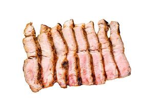 Grilled sliced pork steak Isolated on white background. Top view. photo