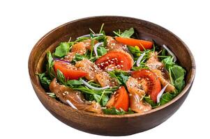 Smoked salmon salad with arugula, tomato and green vegetables. I Isolated on white background photo