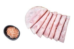 Sliced prosciutto ham Isolated on white background, top view. photo