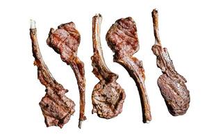 Grilled lamb mutton chop steaks Isolated on white background, top view. photo
