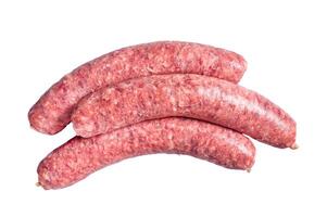 Raw beef meat sausages ready for cooking. Isolated, white background. photo