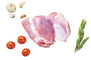 Raw fillet of farm Turkey thigh. Isolated on white background. Top view. photo