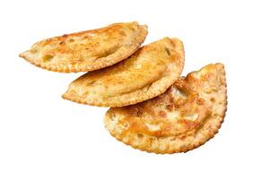 Latin American fried empanadas savoury pastries with meat. Isolated on white background, top view. photo