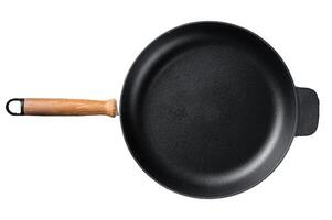Empty cast-iron skillet for cooking on rustic towel. Isolated, white background. photo