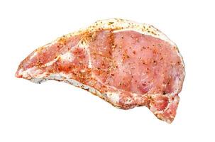 Raw meat with herbs and spices. Marinated pork steak. Ingredients for cooking. Isolated on white background. Top view photo