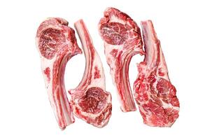 Lamb chops raw meat on bone with salt, pepper and herbs. Isolated on white background, top view. photo