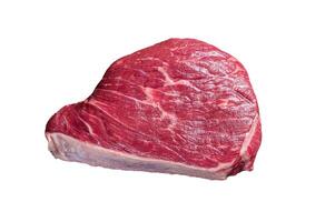 Raw rump beef cut or top sirloin meat steak on butcher table. Isolated on white background photo