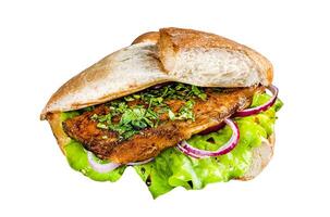 Turkish fish sandwich with grilled mackerel fillet Balik Ekmek. Isolated, white background. photo