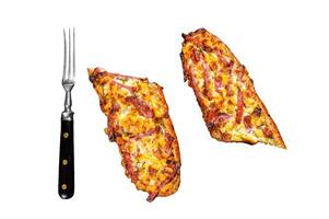 Hot baked open Baguette sandwich with ham, bacon, vegetables and cheese. Isolated on white background. photo