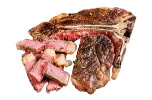 Sliced Grilled T-bone beef meat Steak Isolated on white background, top view. photo