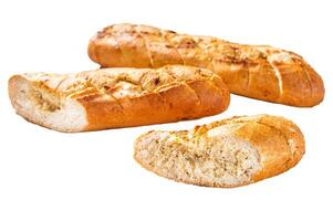 Garlic butter bread, baked baguette with herbs. Isolated on white background, top view. photo