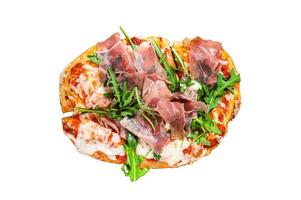 Sliced pizza with prosciutto parma ham, arugula and parmesan cheese Isolated on white background, top view. photo