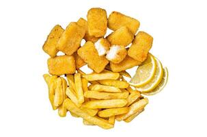 Fish and Chips, Fish Sticks with french fries in a steel tray with sauce. Isolated, white background photo