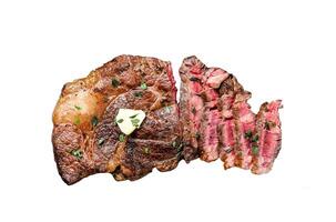 Cut Grilled Chuck eye roll beef meat steak Isolated on white background, Top view. photo