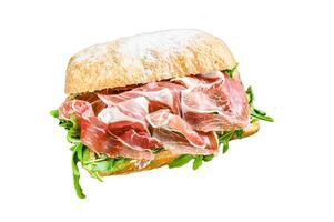 iberico jamon ham sandwich on ciabatta bread. Isolated on white background, Top view. photo