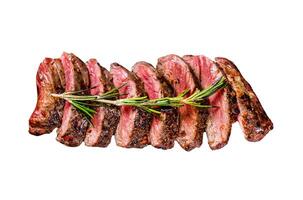 Grilled Vegas strip steak. Marble meat beef. Isolated on white background. Top view. photo