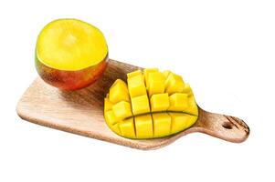 Ripe sliced mango fruit on a chopping Board. Isolated on white background. Top view. photo