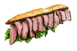 Grilled baguette steak sandwich with arugula and cheese. Isolated on white background. photo