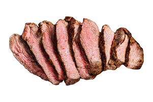Sliced grilled filet Mignon steak Isolated on white background. Top view. photo