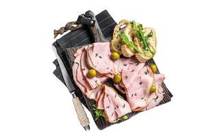Toast with pork Ham and olives. Isolated on white background, top view. photo