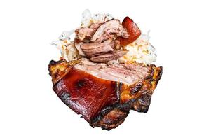 Roast Pork Ham Hock, knuckle with Sauerkraut on a plate. Isolated, white background. photo