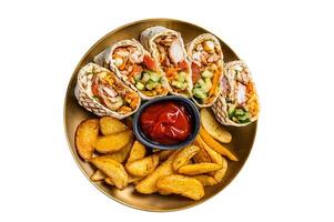 Chicken shawarma durum doner kebab with vegetable salad and french fries. Isolated on white background. photo