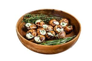 French Escargot Snails with garlic butter in a wooden plate. Isolated on white background, top view. photo