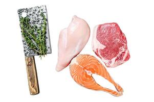 Set of raw meat steaks salmon, beef and chicken Isolated on white background, Top view. photo