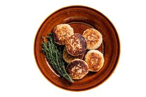 Fried pork and beef meat cutlets or patty in a rustic plate. Isolated on white background. photo