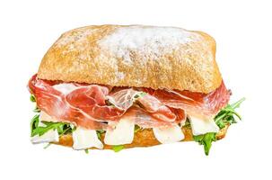 Jamon Ham Sandwich on ciabatta bread with arugula and camembert brie cheese. Isolated on white background, Top view. photo