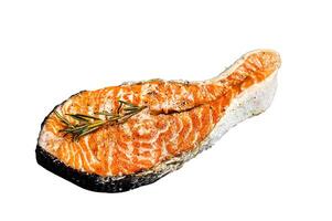 Grilled salmon steak Isolated on white background. Top view. photo