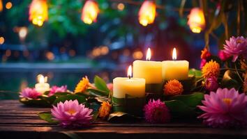 a banner background with a traditional Loy Krathong scene, complete with candlelit krathongs, candles, and fragrant flowers. photo