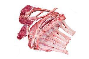 Raw Rack and rib chops of lamb, mutton Isolated on white background, top view. photo