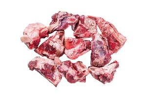 Raw lamb meat stew cuts with bone. Isolated on white background, top view. photo