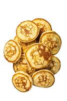 Stack of buttered pancakes on a kitchen table. High quality Isolate, white background. photo