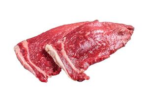 Raw fresh veal meat chop steak. Isolated on white background. photo
