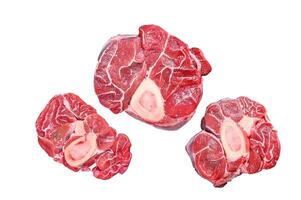 Fresh veal meat osso buco shank steak, italian ossobuco. Isolated on white background. photo