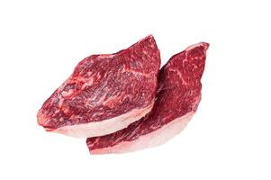 Raw top sirloin beef meat steak on a butcher cleaver, cap rump steak. Isolated on white background photo