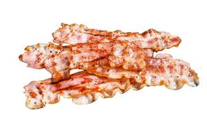Cooked sizzling hot tasty crispy bacon. Isolated on white background. Top view. photo