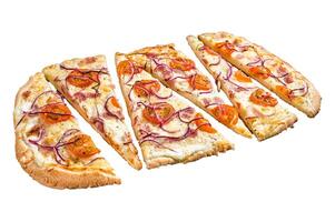 Homemade Flammkuchen or tarte flambee with cream cheese, bacon, tomato and onions. Isolated on white background. photo