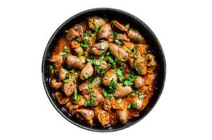 Stew with chicken hearts and vegetables with fresh parsley. Isolate, white background. photo