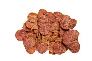 Dried Beef and pork meat Jerky. Isolated on white background. photo
