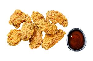 Crispy kentucky fried chicken french fries Isolated on white background. Top view. photo