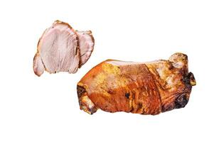 Sliced roasted pork knuckle Isolated on white background. Top view. photo