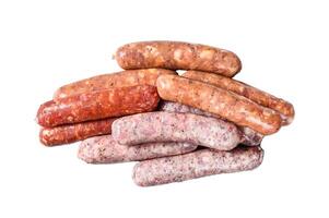 Assorted raw chorizo sausages. Isolated on white background. Top view. photo